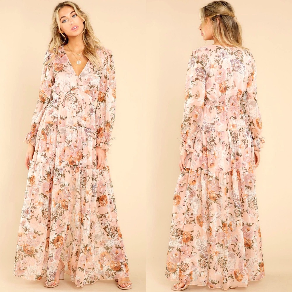 Peach Floral Print Maxi Dress Small